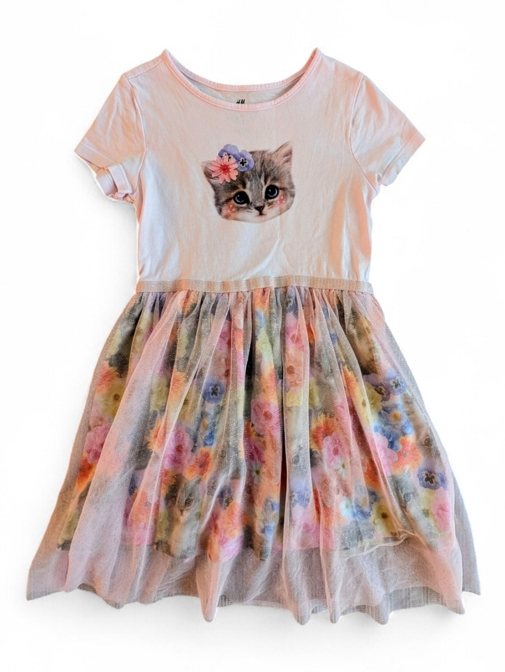 H&M Girls Light Pink Kitty Floral Tulle Dress Cotton Size 5/6
